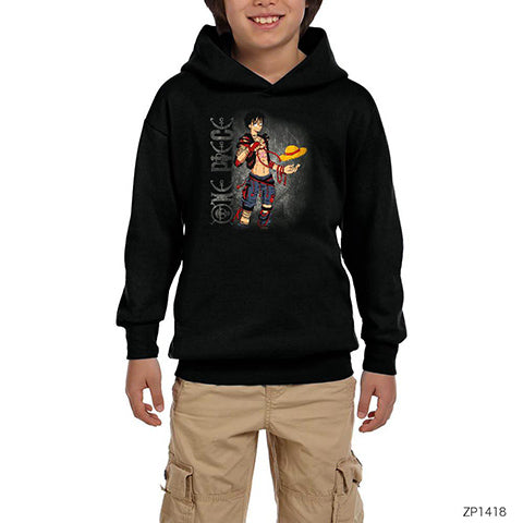 One Piece Luffy Siyah Çocuk Kapşonlu Sweatshirt