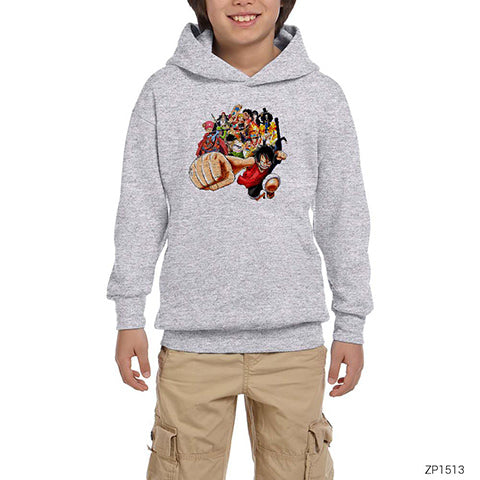 One Piece Characters Gri Çocuk Kapşonlu Sweatshirt