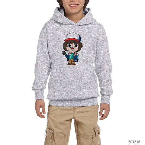 Stranger Things Dustin Cartoon Gri Çocuk Kapşonlu Sweatshirt