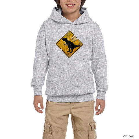 Jurassic Park Danger Trex Gri Çocuk Kapşonlu Sweatshirt