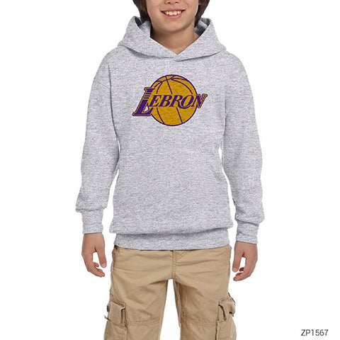 Lebron James Lakers Logo Gri Çocuk Kapşonlu Sweatshirt