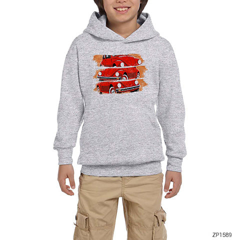 Volkswagen The Beetle Red Gri Çocuk Kapşonlu Sweatshirt