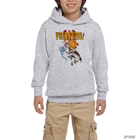 Fairy Tail Happy Natsu Gri Çocuk Kapşonlu Sweatshirt