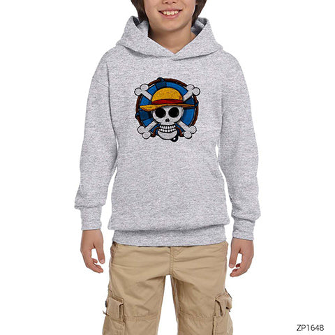 One Piece Skull Gri Çocuk Kapşonlu Sweatshirt