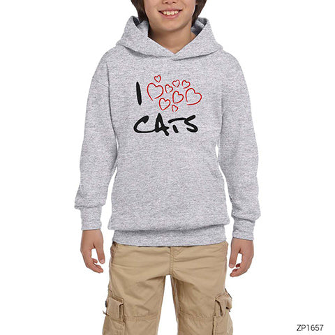 Kedi I Love Cats Gri Çocuk Kapşonlu Sweatshirt