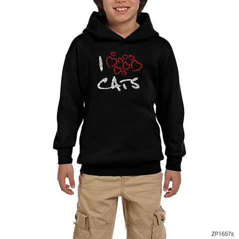 Kedi I Love Cats Siyah Çocuk Kapşonlu Sweatshirt