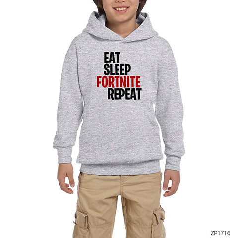 Fortnite Eat Sleep Fortnite Gri Çocuk Kapşonlu Sweatshirt