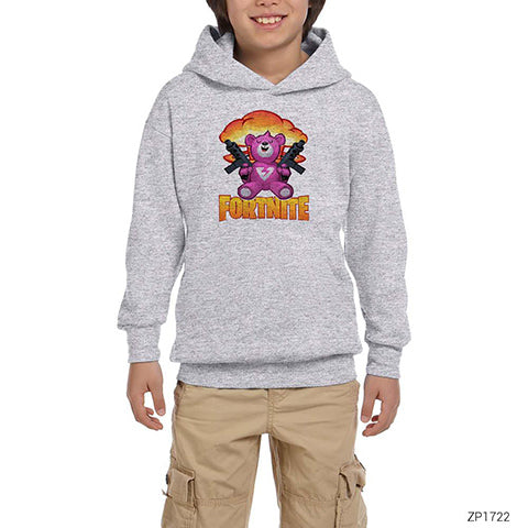 Fortnite Pink Bear Gunny Gri Çocuk Kapşonlu Sweatshirt