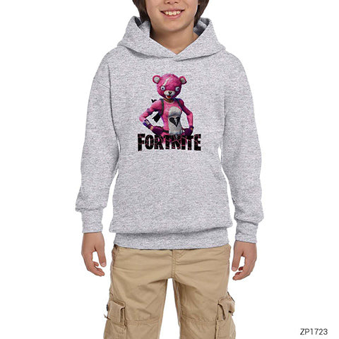 Fortnite Pink Bear Gri Çocuk Kapşonlu Sweatshirt