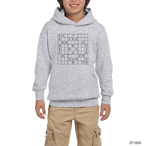 Sudoku Bulmaca Gri Çocuk Kapşonlu Sweatshirt