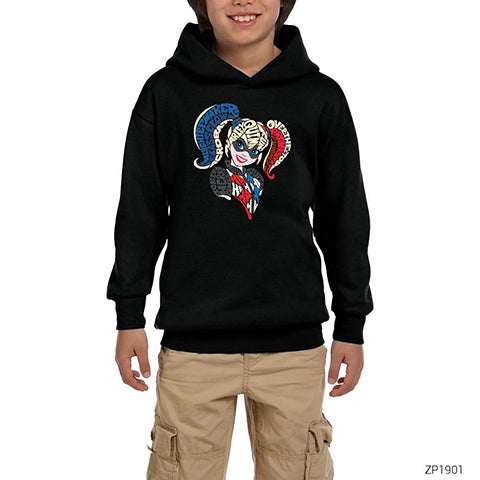 Harley Quinn Typography Siyah Çocuk Kapşonlu Sweatshirt