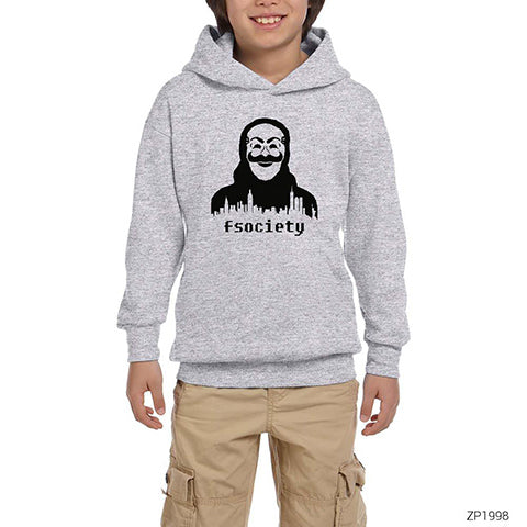 Mr Robot fsociety Mask Gri Çocuk Kapşonlu Sweatshirt