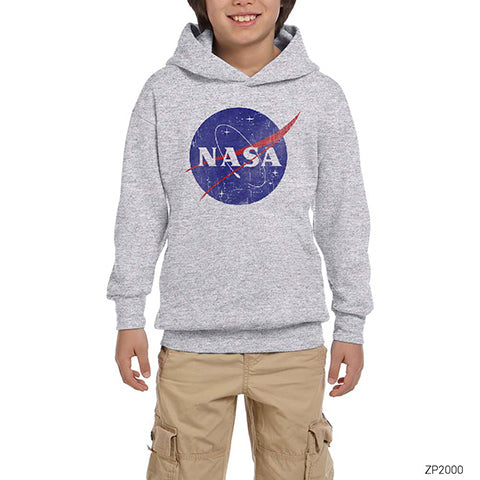 Nasa Damaged Logo Gri Çocuk Kapşonlu Sweatshirt