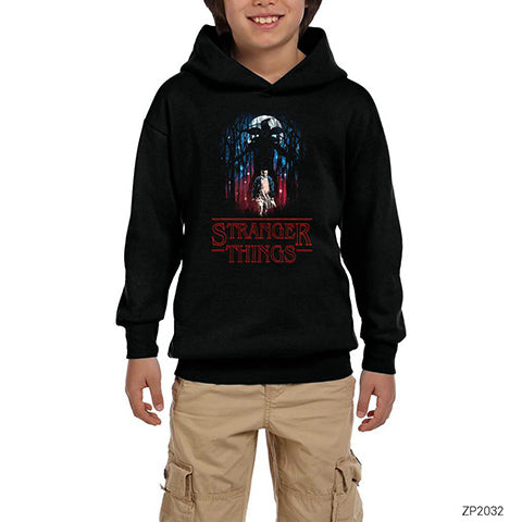 Stranger Things Demogorgan in the Forest Siyah Çocuk Kapşonlu Sweatshirt