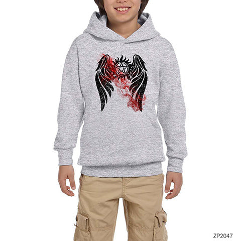 Supernatural Wings Gri Çocuk Kapşonlu Sweatshirt