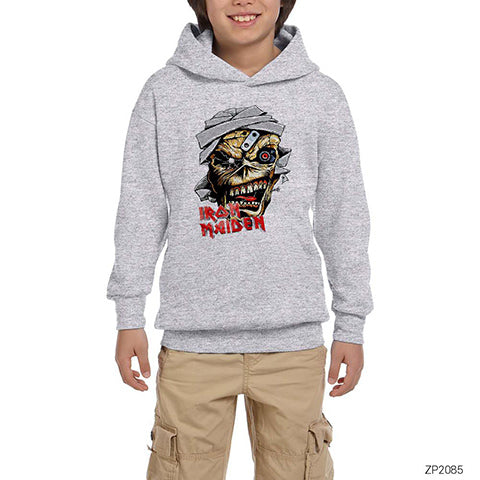 Iron Maiden Skull Cartoon Gri Çocuk Kapşonlu Sweatshirt