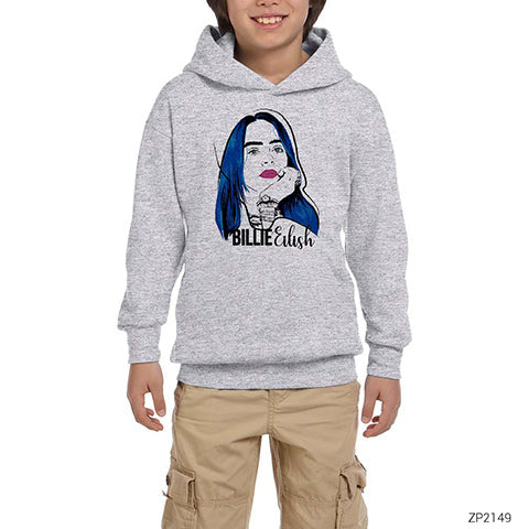 Billie Eilish Portre Gri Çocuk Kapşonlu Sweatshirt