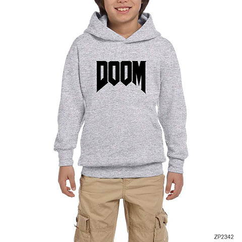 Doom Logo Gri Çocuk Kapşonlu Sweatshirt