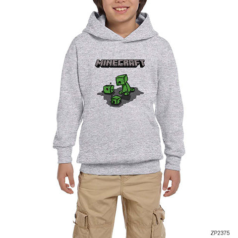 Minecraft Creeper and Boxes Gri Çocuk Kapşonlu Sweatshirt