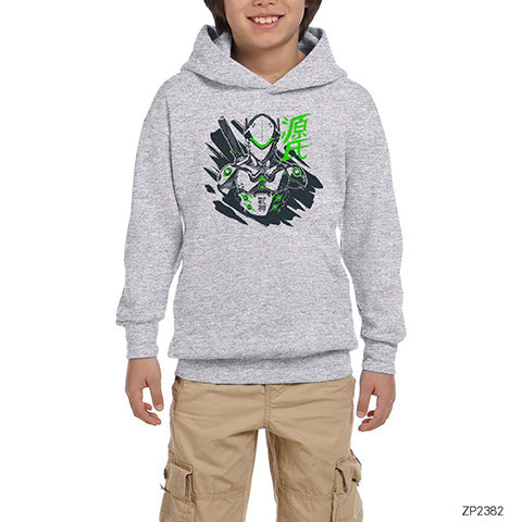 Overwatch Genji Gri Çocuk Kapşonlu Sweatshirt