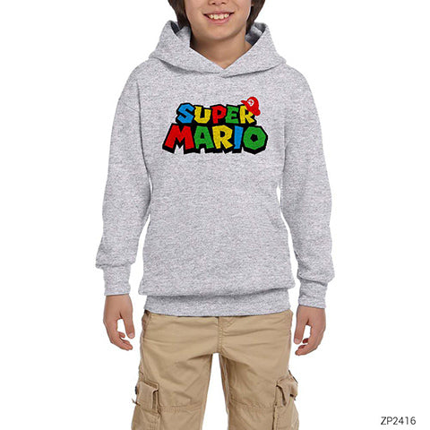 Super Mario Logo Gri Çocuk Kapşonlu Sweatshirt