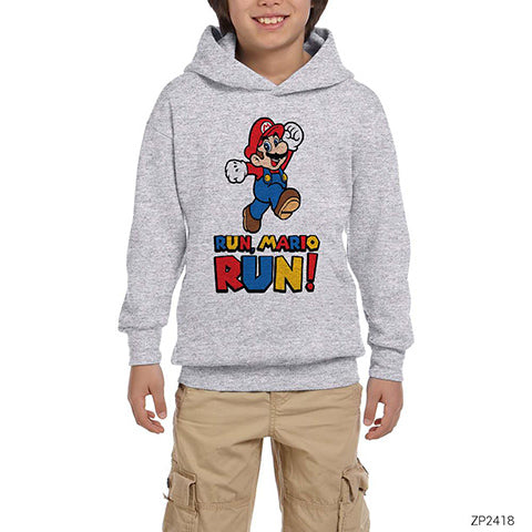 Super Mario Run Run Gri Çocuk Kapşonlu Sweatshirt