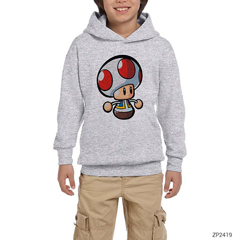 Super Mario Toad Gri Çocuk Kapşonlu Sweatshirt