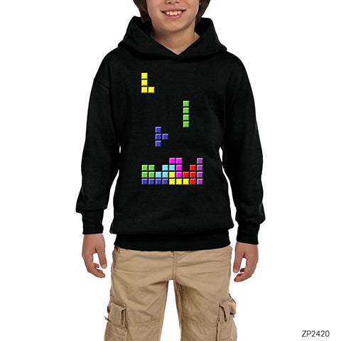 Tetris Blocks Siyah Çocuk Kapşonlu Sweatshirt