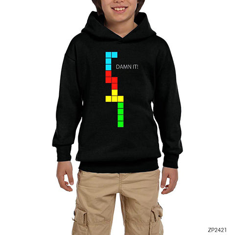 Tetris Damn It Siyah Çocuk Kapşonlu Sweatshirt