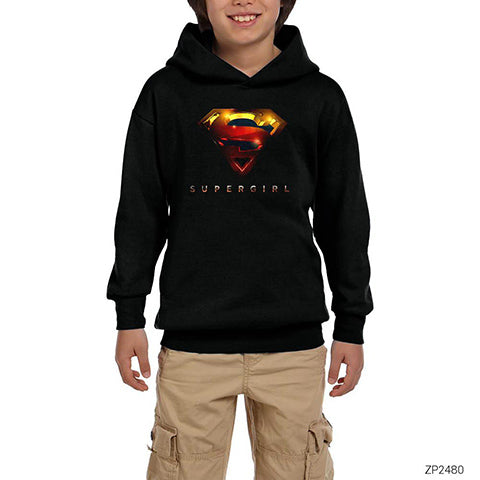 Super Girl Logo Siyah Çocuk Kapşonlu Sweatshirt