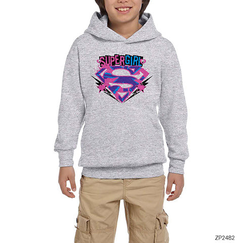 Super Girl Splash Logo Gri Çocuk Kapşonlu Sweatshirt