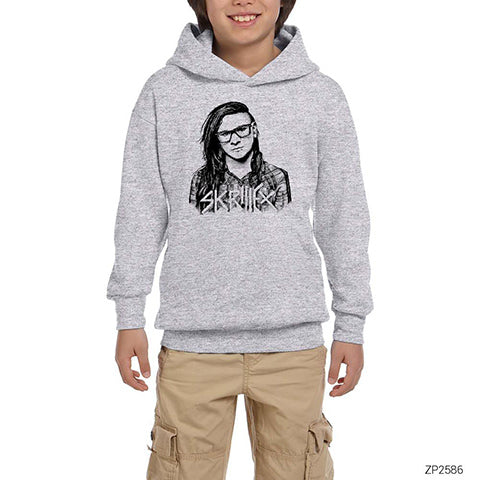 Skrillex Drawing Gri Çocuk Kapşonlu Sweatshirt