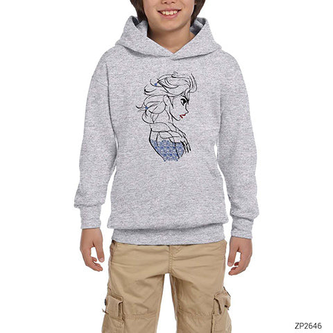 Karlar Ülkesi Elsa Çizim Gri Çocuk Kapşonlu Sweatshirt