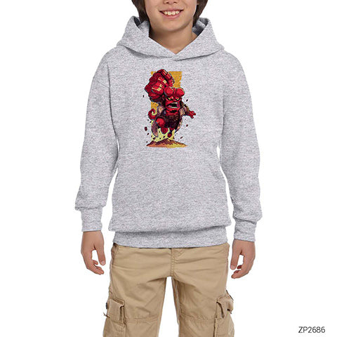 HellBoy Cartoon Gri Çocuk Kapşonlu Sweatshirt