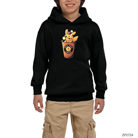Pikachu Detective and Coffe Siyah Çocuk Kapşonlu Sweatshirt