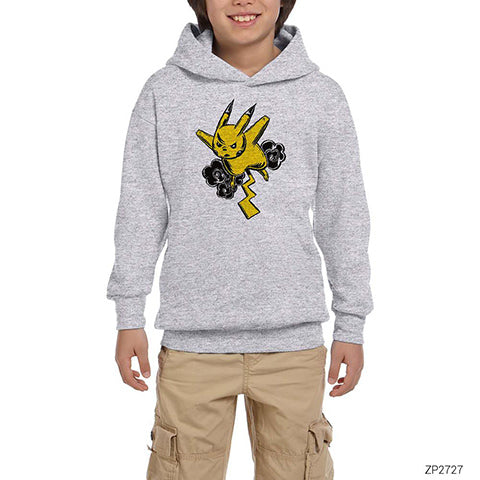 Pikachu On The Thunder Gri Çocuk Kapşonlu Sweatshirt