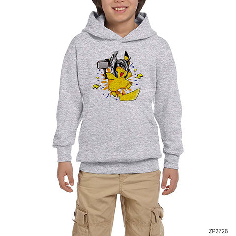 Pikachu Thor Gri Çocuk Kapşonlu Sweatshirt