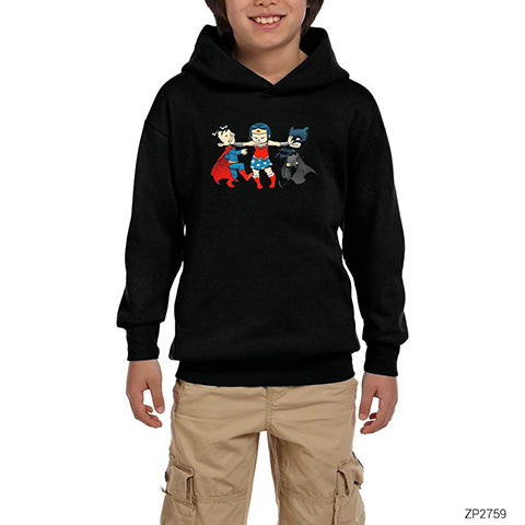 Superman And Batman Cartoon Siyah Çocuk Kapşonlu Sweatshirt