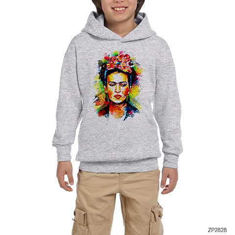 Frida Kahlo Portre Gri Çocuk Kapşonlu Sweatshirt