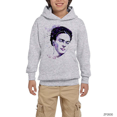 Frida Kahlo Portre 3 Gri Çocuk Kapşonlu Sweatshirt