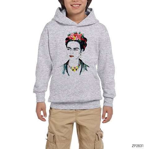 Frida Kahlo Portre 4 Gri Çocuk Kapşonlu Sweatshirt