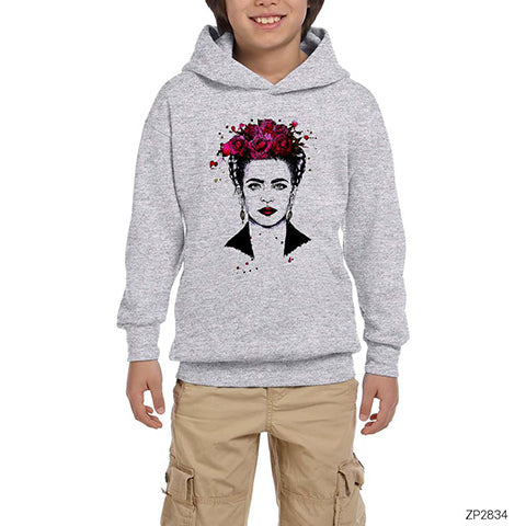 Frida Kahlo Portre 7 Gri Çocuk Kapşonlu Sweatshirt