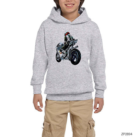 Motorcycle Drawing Gri Çocuk Kapşonlu Sweatshirt