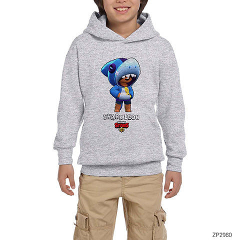 Brawl Stars Shark Leon Gri Çocuk Kapşonlu Sweatshirt