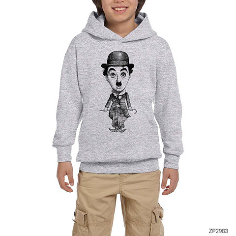 Charlie Chaplin Karikatür Gri Çocuk Kapşonlu Sweatshirt