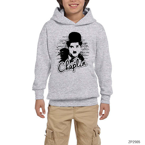 Charlie Chaplin Wall Gri Çocuk Kapşonlu Sweatshirt