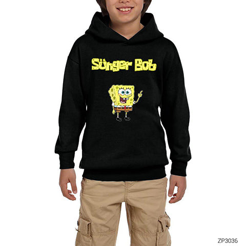 Sünger Bob Siyah Çocuk Kapşonlu Sweatshirt