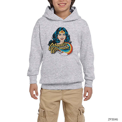 Wonder Woman Cartoon Gri Çocuk Kapşonlu Sweatshirt