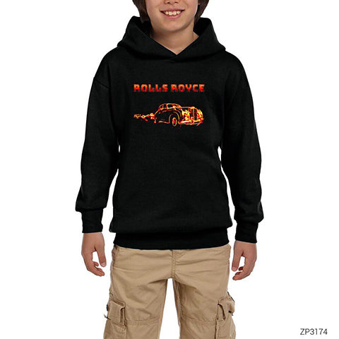 Rolls Royce In Fire Siyah Çocuk Kapşonlu Sweatshirt