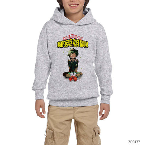 My Hero Academia Izuku Midoriya Gri Çocuk Kapşonlu Sweatshirt